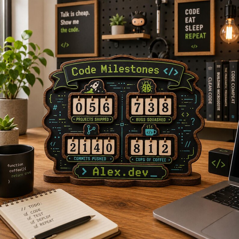 K&ouml;nnte beinhalten: Ein Schreibtisch-Tracker aus dunklem Holz mit dem Titel Code Milestones und vier Klappz&auml;hlern, die 056 Projects Shipped, 738 Bugs Squashed, 2140 Commits Pushed und 812 Cups of Coffee anzeigen, sowie dem Text Alex.dev und Pixel-Art-Symbolen.