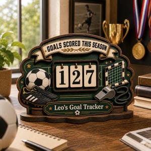 以下が含まれることがあります： GOALS SCORED THIS SEASONおよびLeo's Goal Trackerという文字が刻まれた、ダークグリーンとブラウンの木製ゴールトラッカー。127と表示されたフリップ式数字カウンター、サッカーボール、スパイク、ゴールネット、ホイッスルが装飾されています。