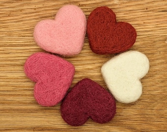 Needle Felted Hearts, Red Pink White Wool, Valentines Set of 5