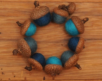 Blue Felted Acorn Ornaments, Set of 9, also available without hangers