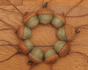 Sage Green Felted Acorns OR Felted Acorn Ornaments, Light Heathered Green