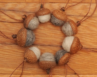 Gray Felted Acorns,  Set of 9 Acorns OR Acorn Ornaments in Grey Wools