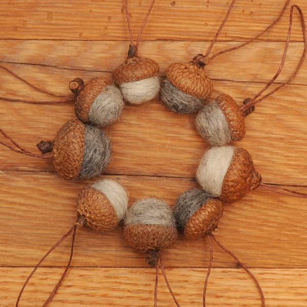 Gray Felted Acorns,  Set of 9 Acorns OR Acorn Ornaments in Grey Wools