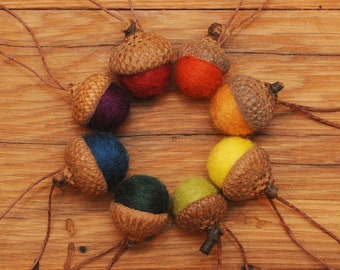 Rainbow Felted  Acorn Ornaments Set of 8, also available without hangers