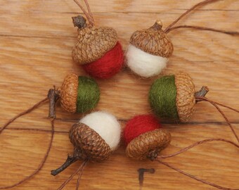Wool Felted Acorn Christmas Ornaments, Set of 6 Red Green & White, also available without hangers