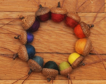 Rainbow Felted  Acorn Ornaments Set of 12, also available without hangers