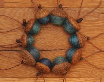 Blue Green Purple Blend Wool Felted Acorns OR Acorn Ornaments, Peacock Colors