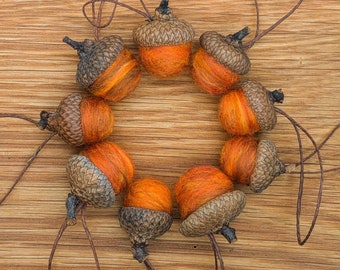 Fall Sunset Orange Felted Acorn Ornaments, also available without hangers