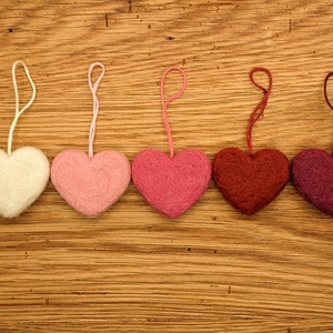 Needle Felted Heart Ornaments, Red Pink White Wool, Valentines Set of 5