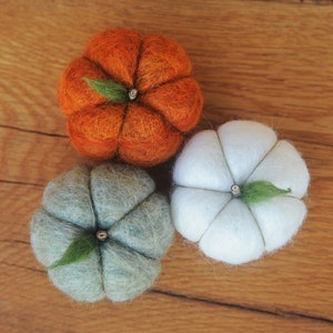 May include: Three felt pumpkins in orange, white, and gray with green felt stems. The pumpkins are arranged on a wooden surface.