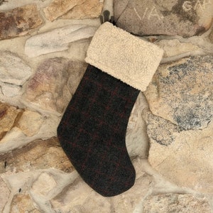 Charcoal Gray with Red and Green Plaid Christmas Stocking, Personalized