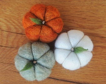 Felted Wool Pumpkins in  Orange, Sage Green & White set of 3, pick your colors