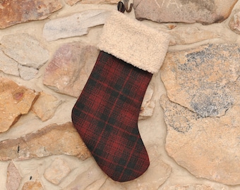 Classic Red & Black Plaid Wool Christmas Stocking, Personalized