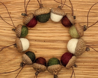 Felted Acorn Ornaments, Set of 12 Christmas colors