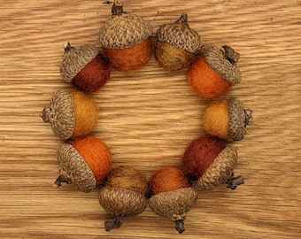 Orange Felted Wool Acorns or Acorn Ornaments, Set of 10