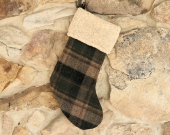 Plaid Wool Christmas Stocking, Green, Navy, Tan, Rust Personalized