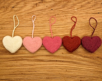 Needle Felted Heart Ornaments, Red Pink White Wool, Valentines Set of 5