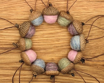 Felted Wool Acorn Ornaments in Heathered Pink Purple Blue and Sage,  also available without hangers, Pastel Colors