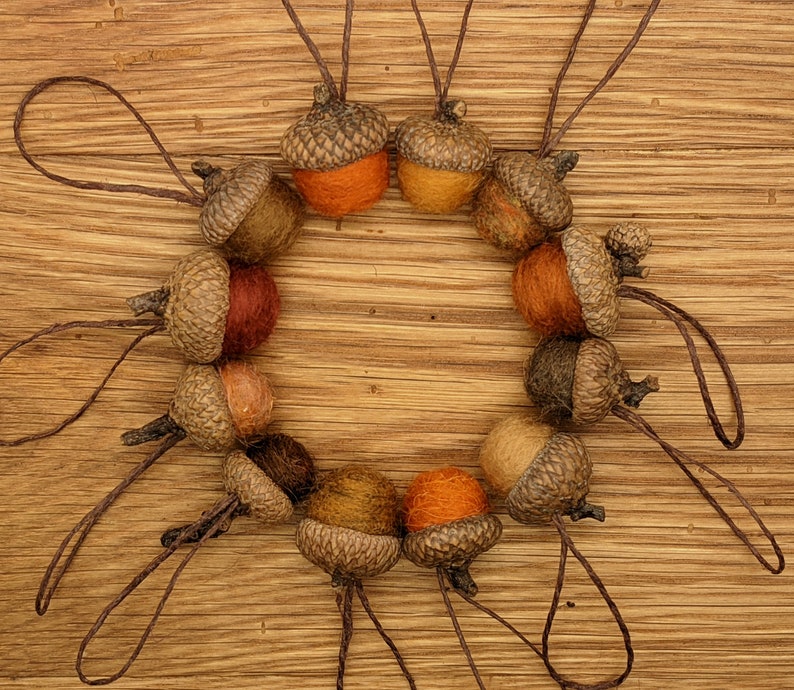Orange Felted Wool Acorns or Acorn Ornaments, Set of 12 image 1