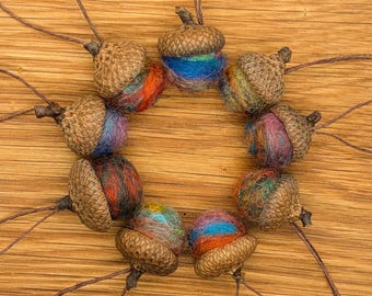 Tie Dyed Rainbow Colored Felted Acorns or Acorn Ornaments