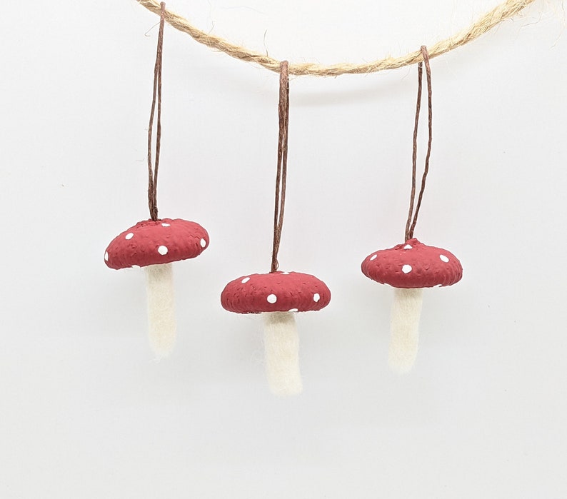 Wool Felted Toadstool Ornaments Set of Mushroom Ornaments with Acorn Cap Tops image 6