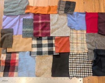 Wool Fabric Applique Plaid and Solid Pieces, 22 pieces, 7.5 oz, lot #6