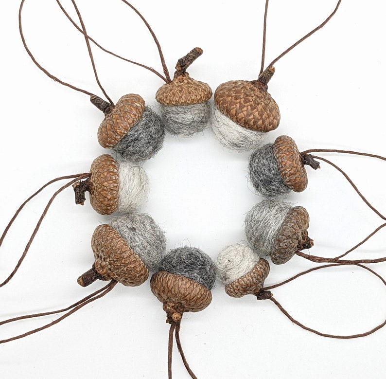 Gray Felted Acorns, Set of 9 Acorns OR Acorn Ornaments in Grey Wools image 2