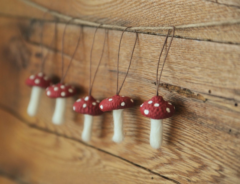 Wool Felted Toadstool Ornaments Set of Mushroom Ornaments with Acorn Cap Tops image 1