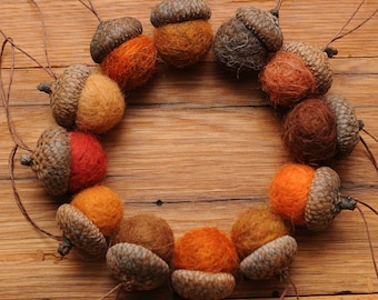 Orange Felted Wool Acorns or Acorn Ornaments, Set of 12