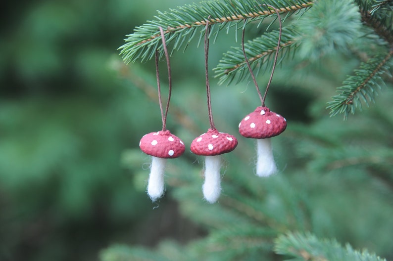 Wool Felted Toadstool Ornaments Set of Mushroom Ornaments with Acorn Cap Tops image 4