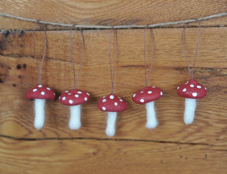 Wool Felted Toadstool Ornaments Set of Mushroom Ornaments with Acorn Cap Tops image 3