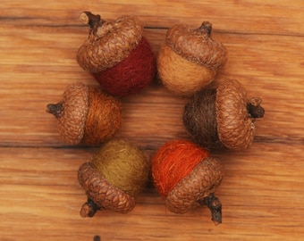 Wool Felted Acorn Ornaments, Set of 6 Fall colors, also available without hangers