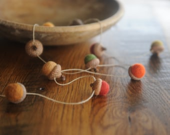 Felted Wool Acorn Garland, Fall Colors, 4 Feet Long on Hemp Twine