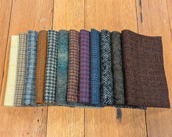 Wool Fabric Applique Bundle, 12 pieces, 6 x 8 Inches, plaids and textures