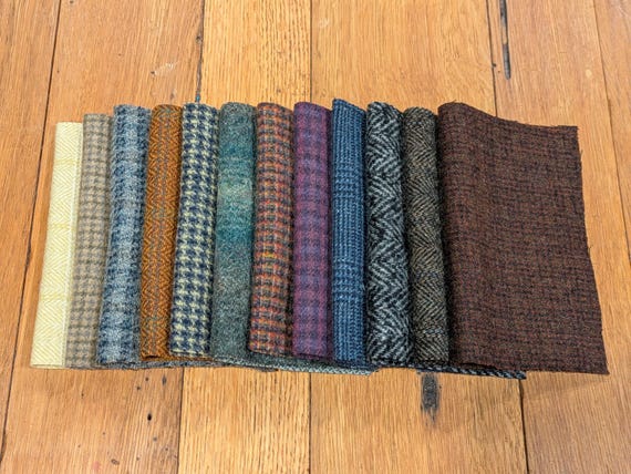 Wool Fabric Applique Bundle, 12 pieces, 6 x 8 Inches, plaids and textures