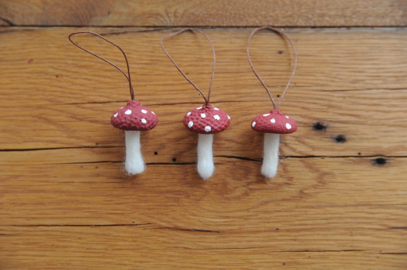 Wool Felted Toadstool Ornaments Set of Mushroom Ornaments with Acorn Cap Tops image 5