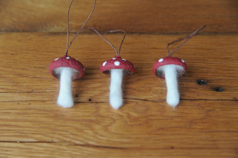 Wool Felted Toadstool Ornaments Set of Mushroom Ornaments with Acorn Cap Tops image 2