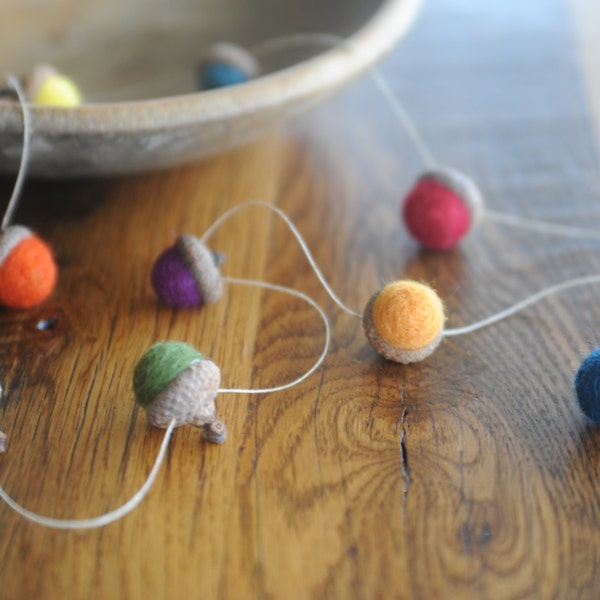 Wool Acorn Garland, Needle Felted, You pick from 63 Colors, 4 Feet Long on Hemp Twine