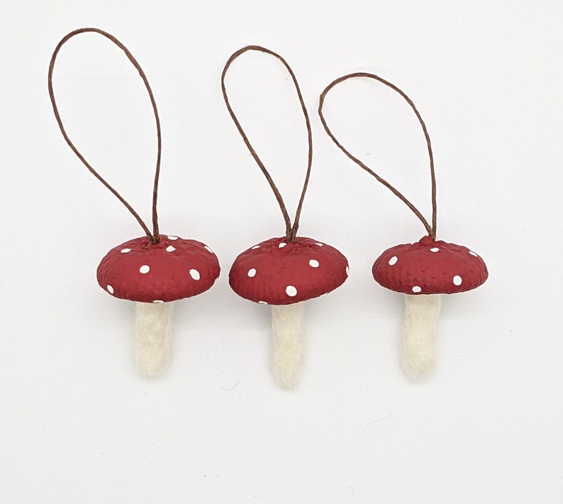 Wool Felted Toadstool Ornaments Set of Mushroom Ornaments with Acorn Cap Tops image 7