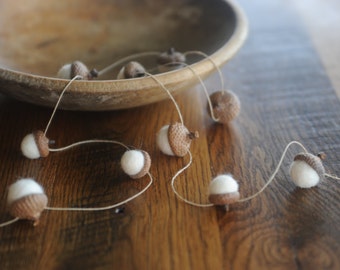 White Felted Wool Acorn Garland on Hemp Twine, 4 or 6 Feet Long