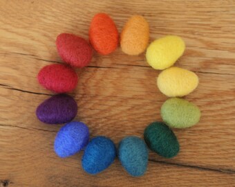 Rainbow Felted Eggs,  Set of 12 Small Wool Easter Eggs with optional Nest