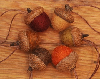 Wool Felted Acorn Ornaments, Set of 6 Fall colors, also available without hangers