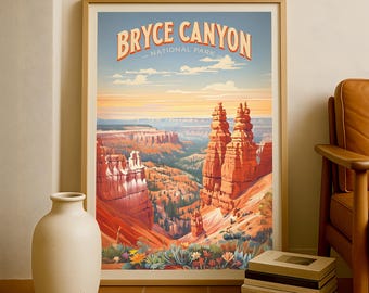 May include: A framed art print featuring Bryce Canyon National Park. The artwork showcases a vibrant landscape with towering red rock formations under a blue sky with the text "Bryce Canyon National Park". The print is in a wooden frame.