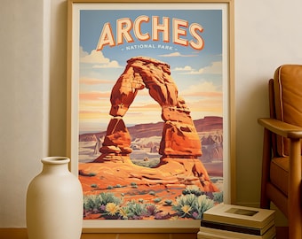 May include: Framed art print featuring a vintage-style illustration of Arches National Park. The artwork showcases the iconic Delicate Arch in shades of orange and red against a blue sky. The print is displayed in a wooden frame.