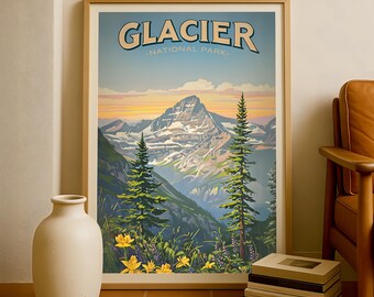 Plakat z Parku Narodowego Glacier, sztuka krajobrazu Gór Skalistych