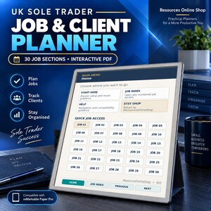 May include: A digital tablet displaying a UK Sole Trader Job & Client Planner interface with a main menu, quick job access buttons for 30 jobs, and navigation tabs. The screen shows text including Start Here, Job Index, Help, and Etsy Shop.