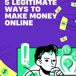 Puede incluir: Ilustración de una persona trabajando en una computadora portátil con billetes de dólar volando a su alrededor. El texto en la imagen dice "5 MANERAS LEGÍTIMAS DE GANAR DINERO EN LÍNEA" y "RESOURCESONLINESHOP.COM".
