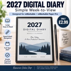 May include: A digital tablet displaying a 2027 digital diary weekly planner with a landscape illustration of mountains and trees. The screen shows the text 2027 DIGITAL DIARY, WEEKLY PLANNER, Plan Today A More Productive Tomorrow, and PLAN ORGANISE ACHIEVE. A black stylus rests beside the tablet.