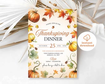 Invitación editable para cena de Acción de Gracias, invitación para cena de Acción de Gracias con amigos, invitación rústica para cena de Acción de Gracias, invitación de Acción de Gracias con calabaza