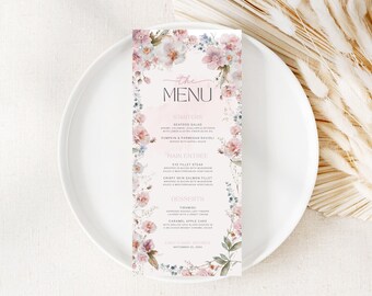 Tarjeta de menú "Bebé en Flor", plantilla de menú para baby shower, menú floral, menú de flores, plantilla de menú imprimible para baby shower de flores silvestres, Canva